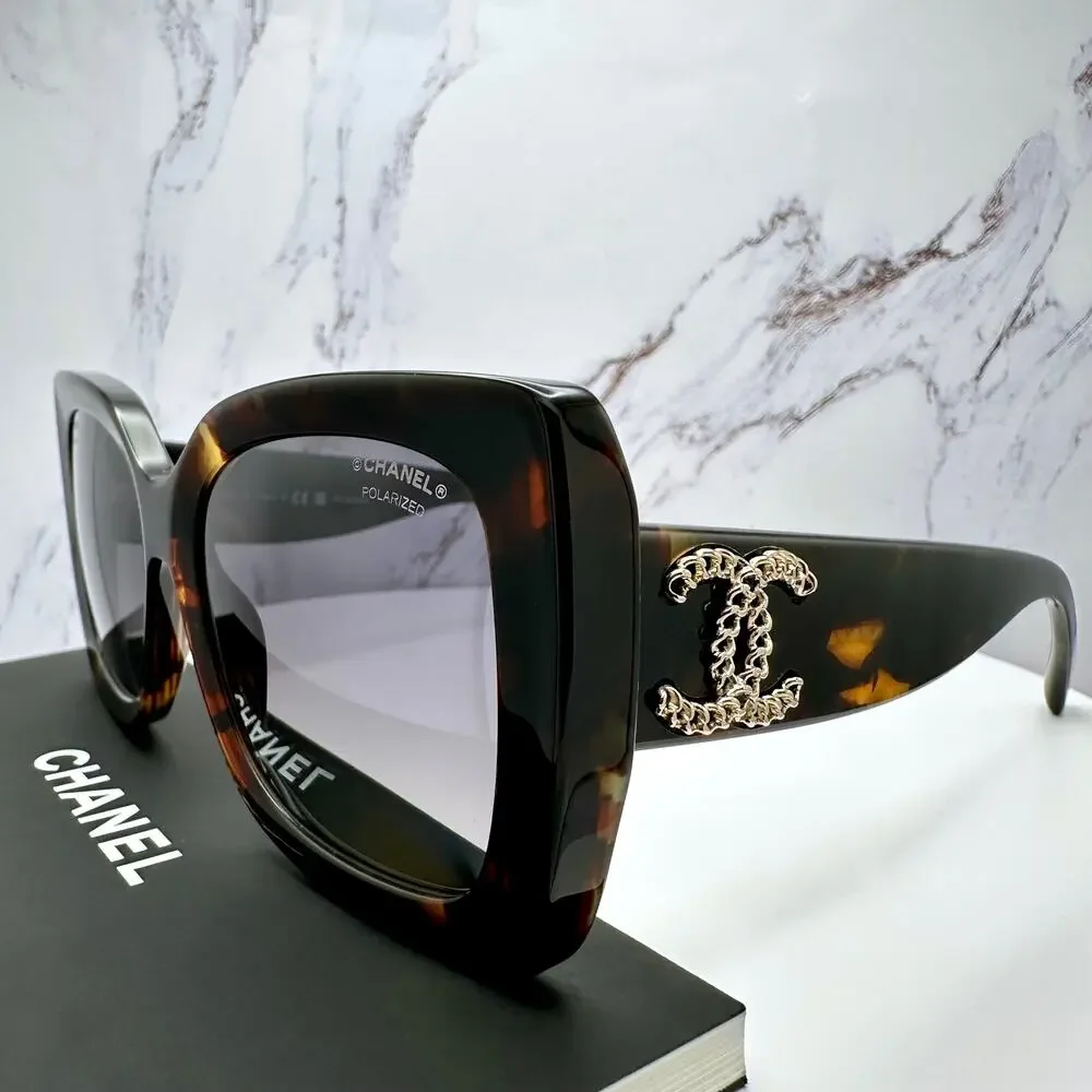 Chanel Black Tortoiseshell Oversized Sunglasses with Gold CC Logo